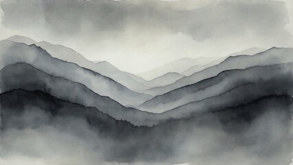 gray hills landscape in watercolor style, valley panorama, wallpaper background illustration