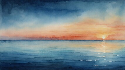 sunset over blue sea, seascape in watercolor style, sky with clouds panorama, wallpaper background illustration