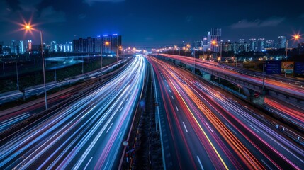 Fototapeta premium Nighttime long exposure of a road. A vibrant long exposure shot capturing the dynamic lights of cars traversing a road at night, reflecting the urban pulse