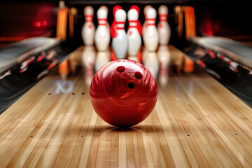 A bowling ball striking pins at the end of a lane, captured against a strike action black background with copy space for league promotions or bowling tips