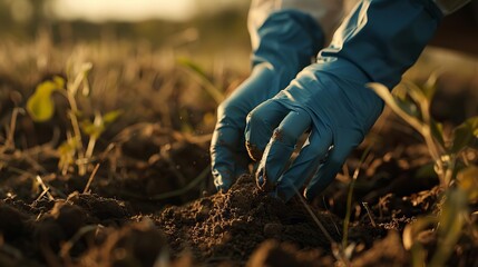 A person wearing blue gloves is digging in the dirt