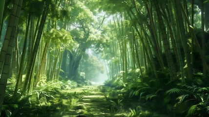  A dense bamboo forest alive with the sounds of chirping birds and rustling leaves, creating a...