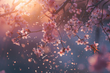 A blooming cherry blossom tree with petals gently falling in the breeze. Soft morning light illuminating the scene, Generated by AI 