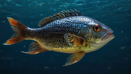 Fototapeta premium Sea fish with flowing fins swims alone in a blue aquarium. 