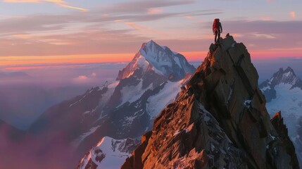 an intrepid mountaineer navigating a narrow ridge on a towering peak, abyss yawning on either side