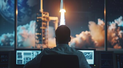 A man is sitting in front of a computer monitor watching a rocket launch