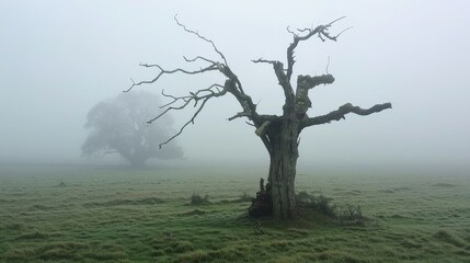 Old gnarled tree standing in a misty field early in the morning