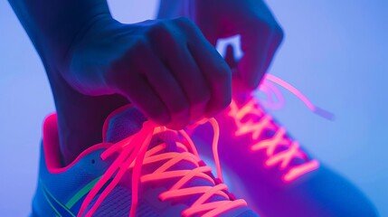 A person is putting on a pair of neon sneakers