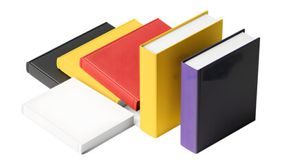 Set of book cover mockups. white, yellow, black, violet and red books. front and side view perspectives, template designs, isolated on a white background.