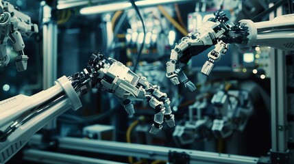A robot is shown in a factory with its arms outstretched