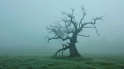 Fototapeta premium Old gnarled tree standing in a misty field early in the morning