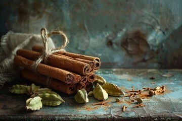Cardamom pods and cinnamon, showcasing the beauty of spices, porcelain bowl filled with assorted aromatic spices, accented by rustic pottery, on wooden surface. - Powered by Adobe