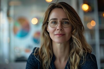 Businesswoman presenting statistical data to colleagues in a modern office setting, Confident female executive with glasses, focused gaze, soft smile, professional attire, colorful graphs blurred.