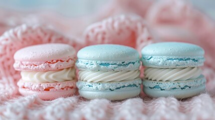 Pastel pink and blue macarons delicately arranged on a soft textured surface
