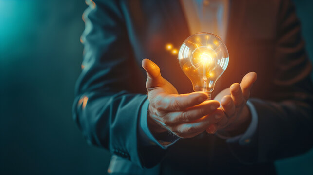 Businessman having an idea holding a lit light bulp. Business concept