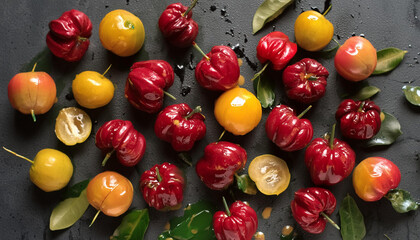 Flat lay of Acerola or Cherry Barbados fruit texture, Top view of fruits concept background