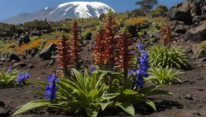 Huge flowers of giant lobelia plant on Mount Kilimanjaro in Tanzania Africa