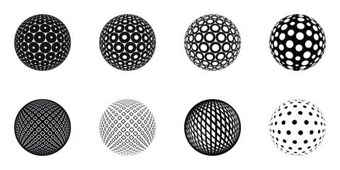 The 3D sphere abstract vector icon is depicted within a dotted halftone pattern against a black background.