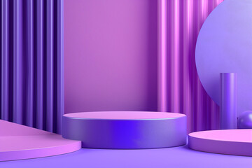 purple stage with curtains, At the heart of the composition, a podium in shades of violet and purple commands attention with its bold and vibrant colors