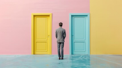 man standing in front of door, a businessman standing in front of two doors thinking which one to choose.