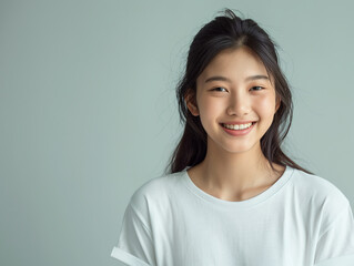 白いシャツで笑う女性