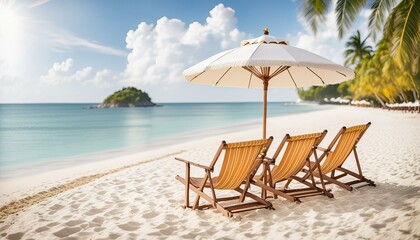 lounge chairs on the beach, beach banner landscape of white sandy shores chairs and a vibrant umbrella of travel and tourism a wide panoramic background,