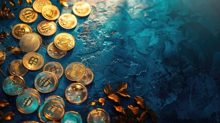 a blue background with a bunch of gold coins, cryptocurrency concept.