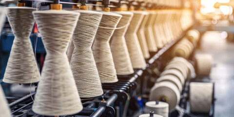 Closeup beige bobbin thread cones on a warping machine, textile mill. Making Balls of Yarn in factory. Textile industry, spools on spinning machine.