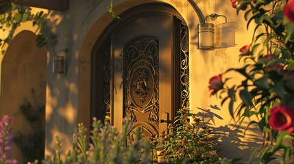 Luxury suburban home at sunset, golden light, close-up of intricate doorway, vibrant flowers 