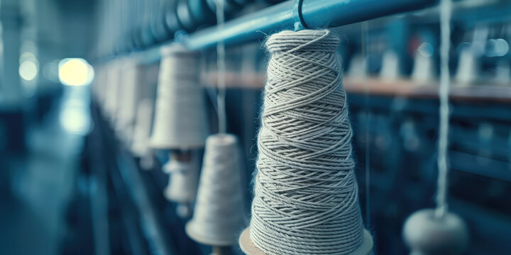 Closeup bobbin thread cones on a warping machine, textile mill. Making Balls of Yarn in factory. Textile industry, spools on spinning machine.