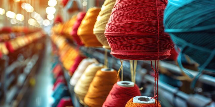 Closeup multicolored bobbin thread cones on a warping machine, textile mill. Making Balls of Yarn in factory. Textile industry, spools on spinning machine. - Powered by Adobe