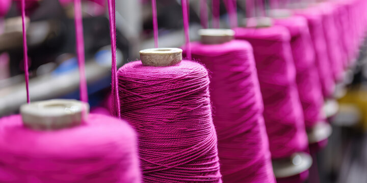 Closeup pink bobbin thread cones on a warping machine, textile mill. Making Balls of Yarn in factory. Textile industry, spools on spinning machine. - Powered by Adobe