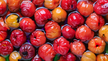 Flat lay of Acerola or Cherry Barbados fruit texture, Top view of fruits concept background