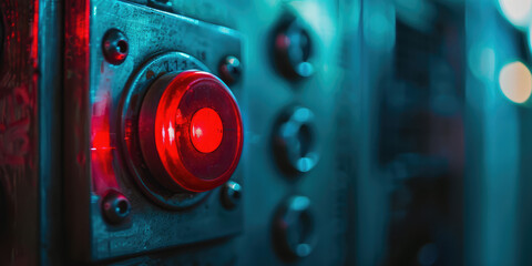 Close-up emergency switch of automation machines. Shut-off unit with red button, copy space.