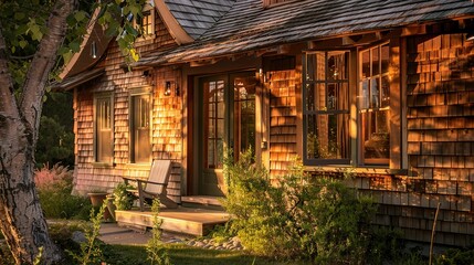 Fototapeta premium Cozy cottage home, wooden shingles close-up, rustic charm, sunset lighting 
