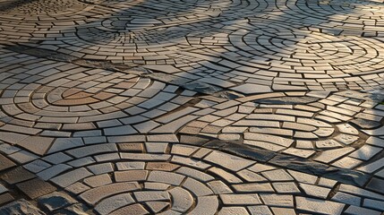 Commercial plaza, stone pathway close-up, intricate laying patterns, sunny day 