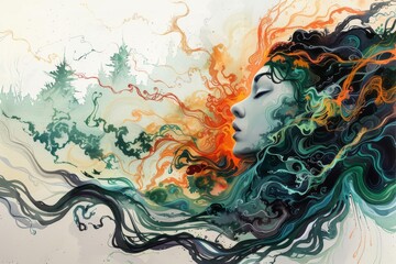 Design a surreal watercolor artwork depicting a person entangled in swirling tendrils of addiction