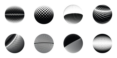 Set of 3D sphere abstract vector icon is depicted within a dotted halftone pattern against a black background.
