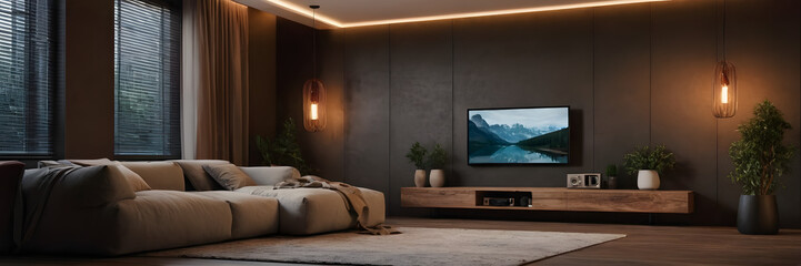 The modern cozy interior design of bedroom and tv wall texture background