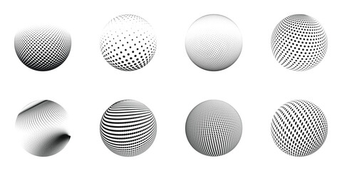 Set of 3D sphere abstract vector icon is depicted within a dotted halftone pattern against a black background.