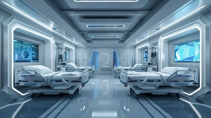 Obraz premium A futuristic hospital room with self-adjusting beds, advanced medical equipment, and digital displays, showcasing a clean and sterile environment for patient care.