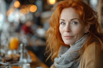 Fototapeta premium Portrait of red hair woman in restaurant. authenticity and uniqueness concept. relax, holiday , rest style.