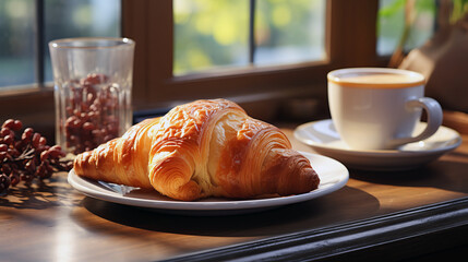 Croissant and cup of coffee on the table in moderm kitchen, window on background.