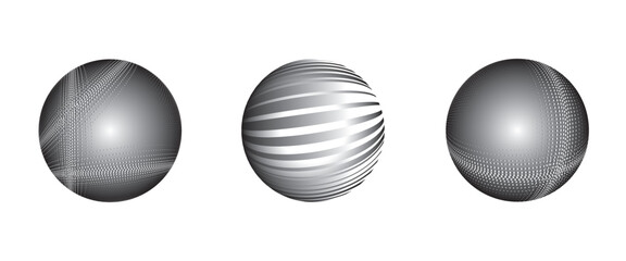 Visual featuring a spherical object embellished with a dynamic pattern of line halftone stripes. Black and white vector illustration