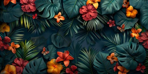 background with tropical leaves and colorful flowers