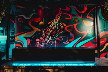 Celebrating Black Music Month: Red Saxophone and Blue Guitars on Vibrant Graffiti Stage