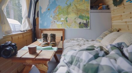 Comfortable Camper Van Interior Mockup with Eco-Tourism Elements - Sustainable Travel Scene