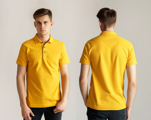 Front and back views of a man wearing a yellow polo shirt mockup template