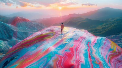 Man Celebrating National Ice Cream Day atop a Vibrant, Ice Cream-Like Hill at Sunset