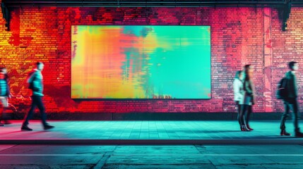 Urban Music Venue Vibe: Vibrant Graffiti Wall with Poster Mockup and Blurred Passersby
